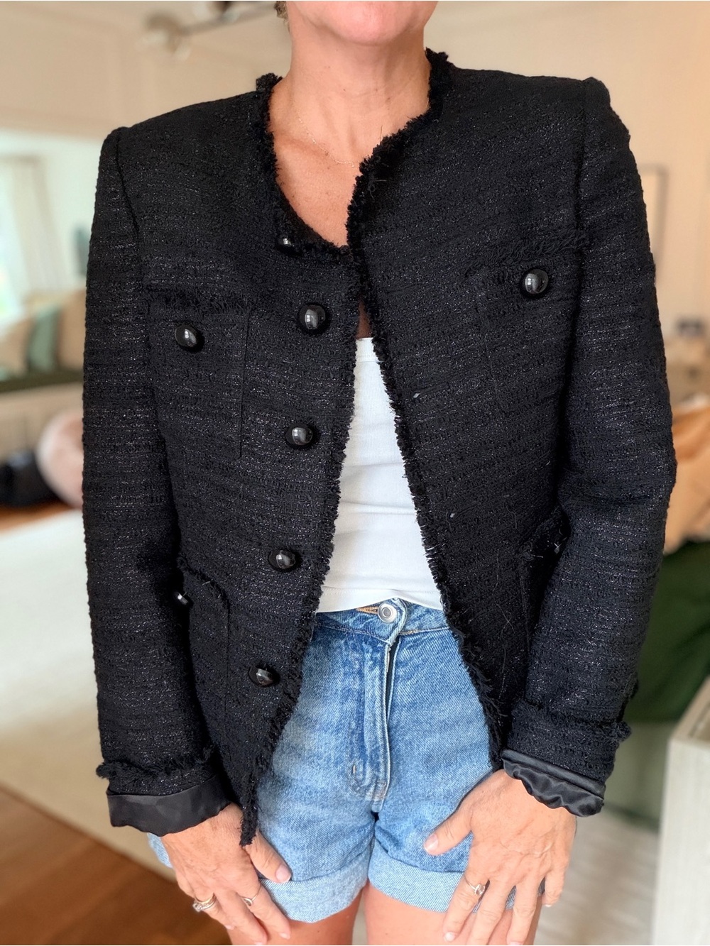 Mango Black Tweed Collarless Button Jacket